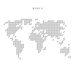 Fototapeta premium World map from pattern of black slanted parallel lines. World map with gray diagonal lines. Silhouette of a country made of oblique hatching. Vector illustration isolated on white.