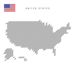 United States map from pattern of black slanted parallel lines. American map with gray diagonal lines. Silhouette of a country made of oblique hatching. Vector illustration isolated on white.