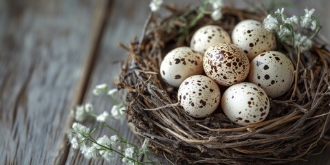 Obraz premium Quail eggs nestled in a rustic wooden nest, showcasing the healthy food concept. These quail eggs symbolize a nutritious choice in a charming, rustic setting. Perfect for healthy food inspirations.