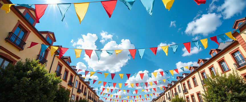 Colorful carnival flags decorating urban plaza on sunny day, celebration