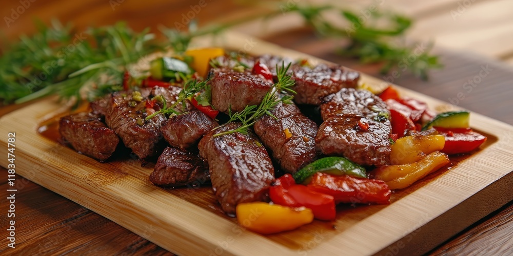 Poster Close up of a wooden board featuring fried meat and vegetables on a wooden table, emphasizing the beef meat with a shallow depth of field for a striking presentation of the beef.