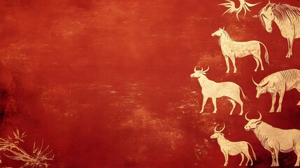 Ancient rock art depicting various animals on a textured red background.