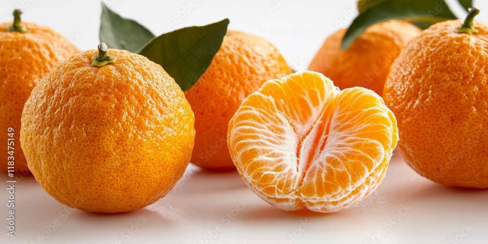 Poster two fresh mandarins and one halved mandarin are isolated on a white background, showcasing the vibra
