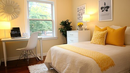 Fototapeta premium Cozy yellow and white bedroom with a small desk setup, a yellow accent pillow on the bed, and a white chair adding brightness and functionality.