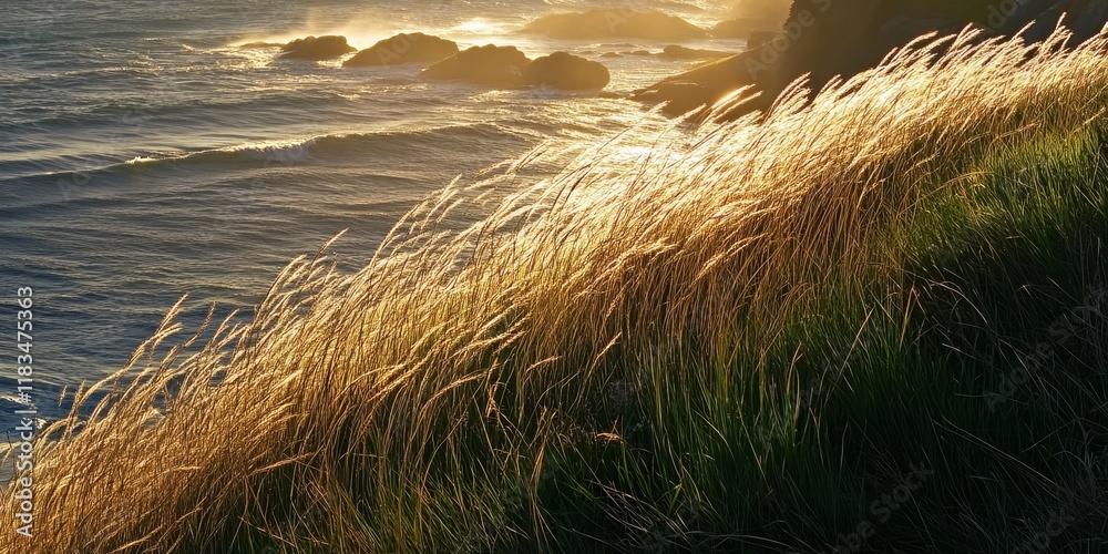 Poster backlit grass stems create a captivating scene along a coastal area, showcasing the beauty of grass 