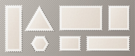 Postcard stamp frames set in different geometric shapes - vertical and horizontal rectangle, triangle, hexagon with white perforated borders. Vintage mail, philately or scrapbooking design elements.