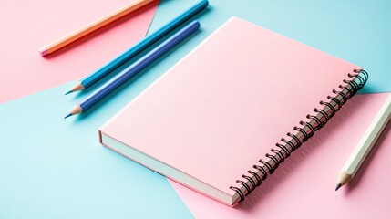 Creative flat lay of stationery, colorful pencils, and notebooks on pastel pink and blue, providing a fun and vibrant workspace composition.