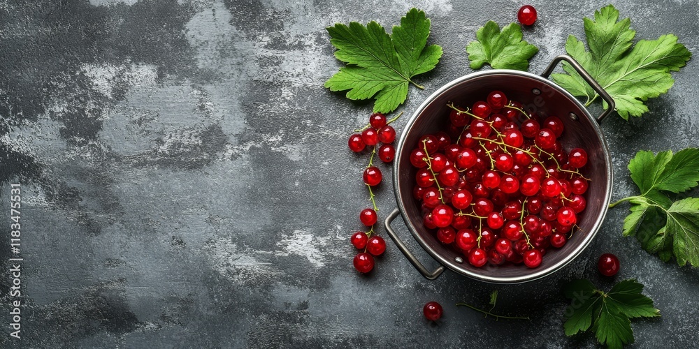Poster Ripe red currants displayed in a colander alongside fresh leaves on a textured grey table. This image of ripe red currants offers ample space for your text.