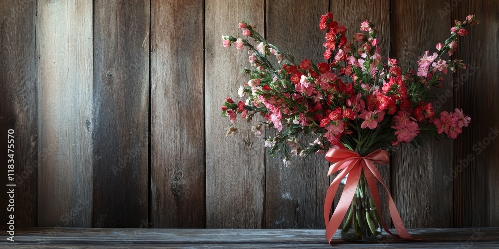 Aufkleber cutter flowers in a vase, adorned with a ribbon, create a charming display against a wooden backgrou