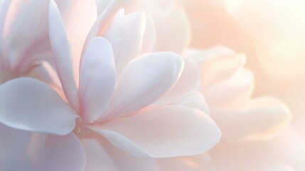 Fototapeta premium Soft magnolia blossom backlit, garden, sunrise, serene background, website header