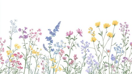 Dainty wildflowers in vibrant colors forming a delicate border, isolated on a transparent background for versatile designs.