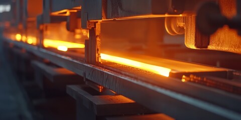 Hot metal billet being processed under the press showcases the efficient conveyor line of a facility focused on the production of high quality metal products. The operations highlight metal billet