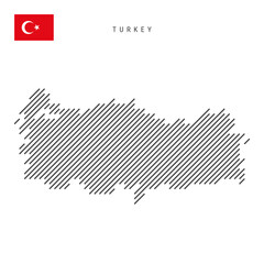 Turkey map from pattern of black slanted parallel lines. Turkish map with gray diagonal lines. Silhouette of a country made of oblique hatching. Vector illustration isolated on white.