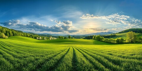 Obraz premium Panoramic view of a vibrant green field in spring, showcasing the beauty of nature. This spring landscape highlights the lush greenery, making the green field a perfect depiction of spring.