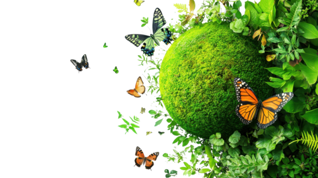 A 3D globe made of grass symbolizing nature and the environment with a plant and tree elements, reflecting ecology and the planet’s sustainability