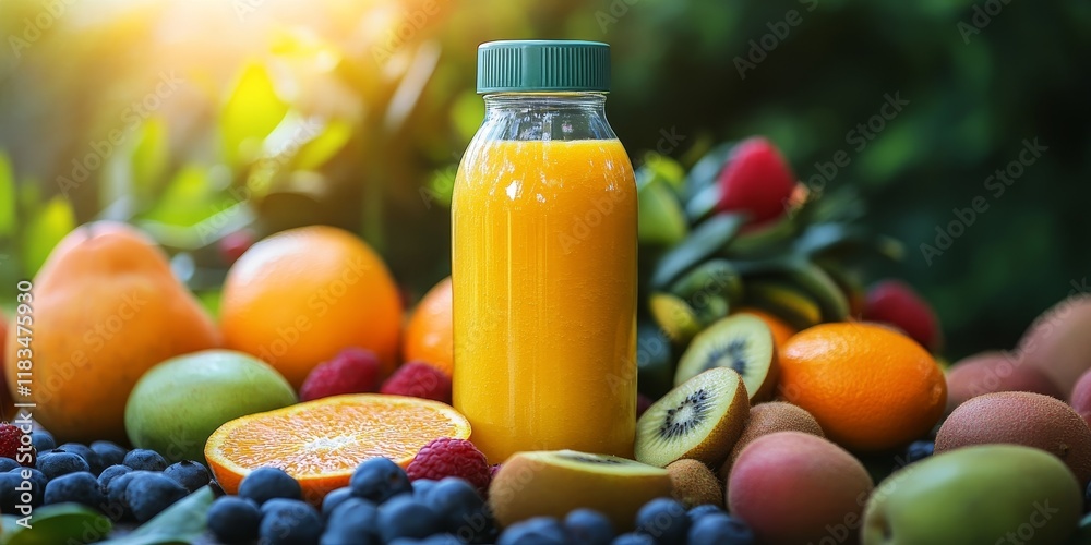 Poster a vibrant bottle of orange smoothie is beautifully displayed alongside an array of fresh fruits, hig