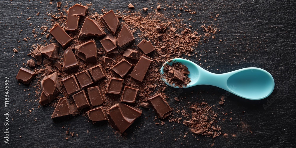 Poster contemporary aerial perspective of chocolate on a dark slate tabletop, accompanied by a pale blue sp