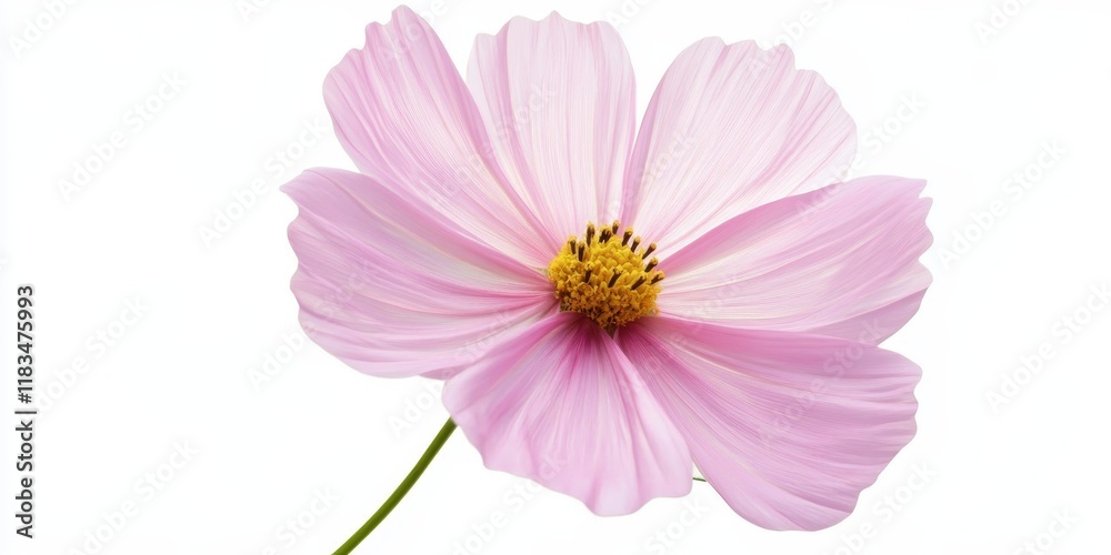 Poster Studio shot featuring a pink cosmos flower, displayed in isolation against a white background. The pink cosmos flower is captured with a large depth of field in a macro close up perspective.