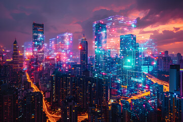 Obraz premium Vibrant Urban Skyline at Dusk With Illuminated Skyscrapers and Roads
