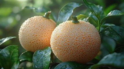 Two ripe oranges on a tree branch, covered in water droplets, backlit by sunlight.