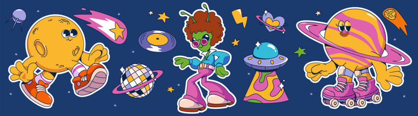 Groovy space stickers set on blue sky background. Contemporary vector cartoon illustration of alien disco dancer, moon and saturn planet characters walking and rollerblading, shooting star, ufo flying © klyaksun