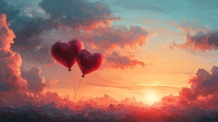 Fototapeta premium valentine mockup romantic gift love card heart design. Two Heart Shaped Balloons Soaring at Sunset