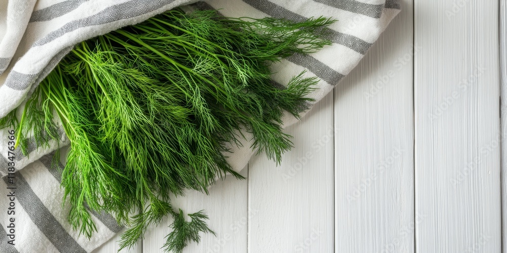 Aufkleber fresh aromatic dill placed on a towel against a white wooden backdrop, highlighting the vibrant colo