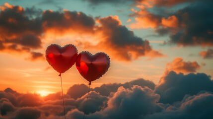 Fototapeta premium valentine mockup romantic gift love card heart design. Two Heart-Shaped Balloons Soaring at Sunset