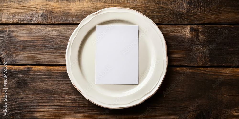 Poster Blank paper and an empty plate are arranged on a wooden table, creating a simple yet intriguing scene that captures the essence of an empty plate and blank paper setting.