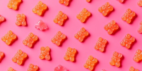 Pattern featuring jelly bears on a vibrant pink background creates a playful flat lay design. This eye catching pattern of jelly bears is perfect for a minimal concept.