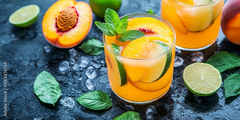 Poster refreshing cold lemonade featuring peach and lime served on a dark concrete background, this delicio