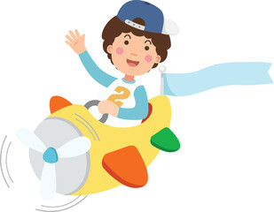 Cartoon little kid riding airplane
