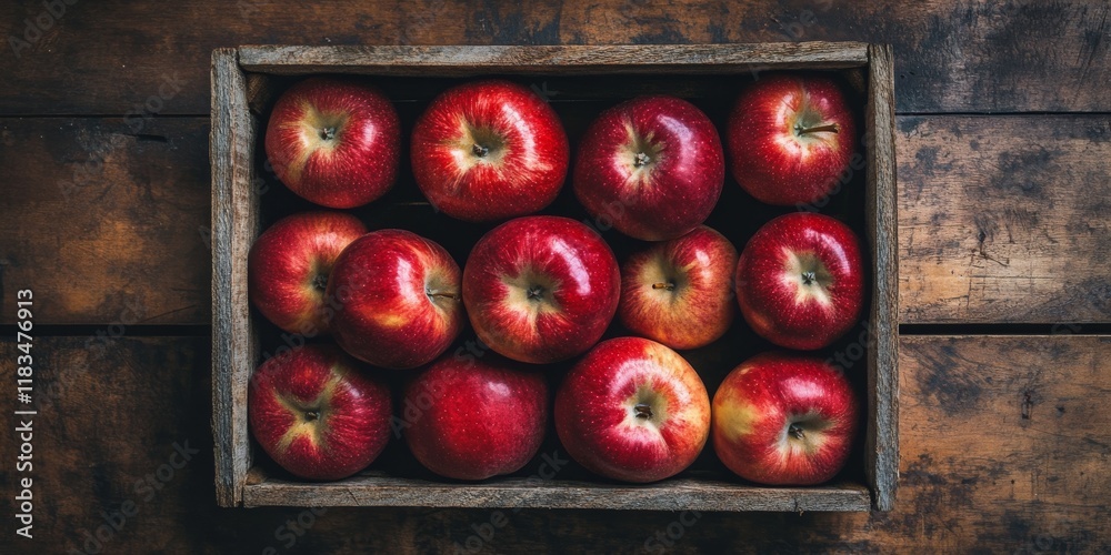 Poster Fresh red apples arranged in a wooden box on a wooden table create an appealing flat lay composition, showcasing the vibrant color and texture of the fresh red apples.