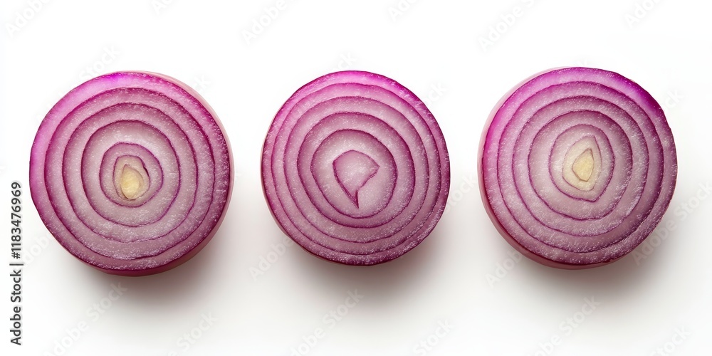 Poster three bulbs of sliced red onion are displayed, isolated on a white background, highlighting the vibr