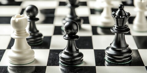 Chess game featuring white and black pawns positioned strategically on a chess board, highlighting the intensity and focus of this classic chess game with intricate details of each figure.