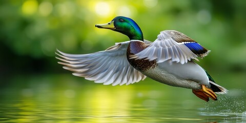 Obraz premium Male wild duck anas platyrhynchos gracefully flapping his wings, showcasing the elegance and beauty of the wild duck in motion as it prepares for flight. The wild duck s wings are captivating.