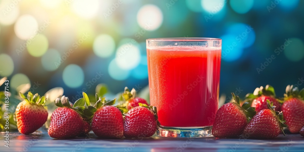 Aufkleber strawberry juice in a glass sits on a wooden surface with fresh strawberries surrounding it, featuri