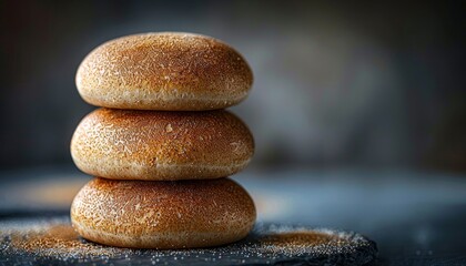 Three round, crispy, baked, golden brown breads stacked on top of each other on a dark slate surface, in a close-up shot.