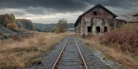 Abandoned mine building beside an old railway line, now converted into a footpath. The old mines, characterized by their rich history, stretch into the distance, highlighting the charm of abandoned