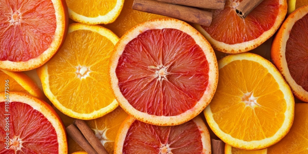 Poster vibrant orange and red citrus circle slices garnished with cinnamon create a stunning visual. these 
