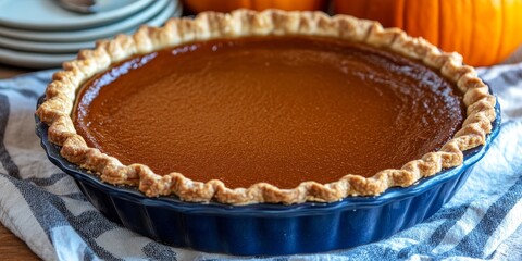 Freshly baked round pumpkin pie made with natural ingredients, showcasing healthy homemade baked goods in a delightful baking dish for all to enjoy the flavors of pumpkin pie.