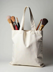 An artistic mockup displaying a blank canvas tote bag and art supplies, suitable for presenting merchandise designs for art galleries and museums  new image