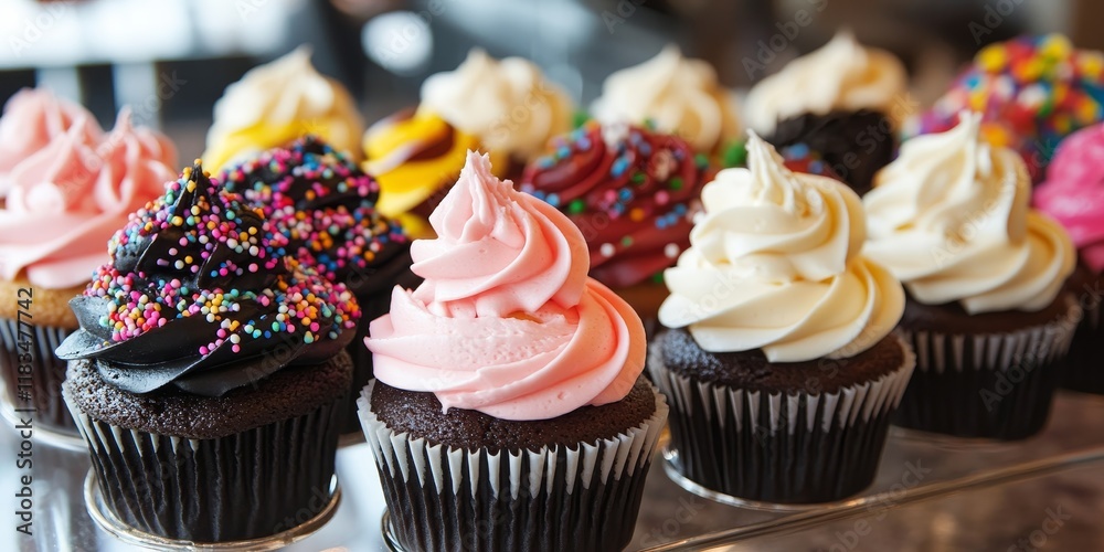 Poster a variety of scrumptious cupcakes on display highlights their delightful flavors and appealing desig