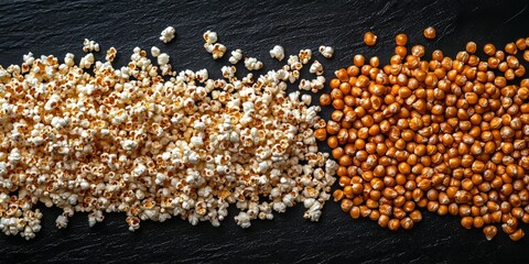 Popcorn grains, both popped and unpopped, are showcased from a top view in this close up shot against a black textured background, highlighting the unique characteristics of popcorn grains.