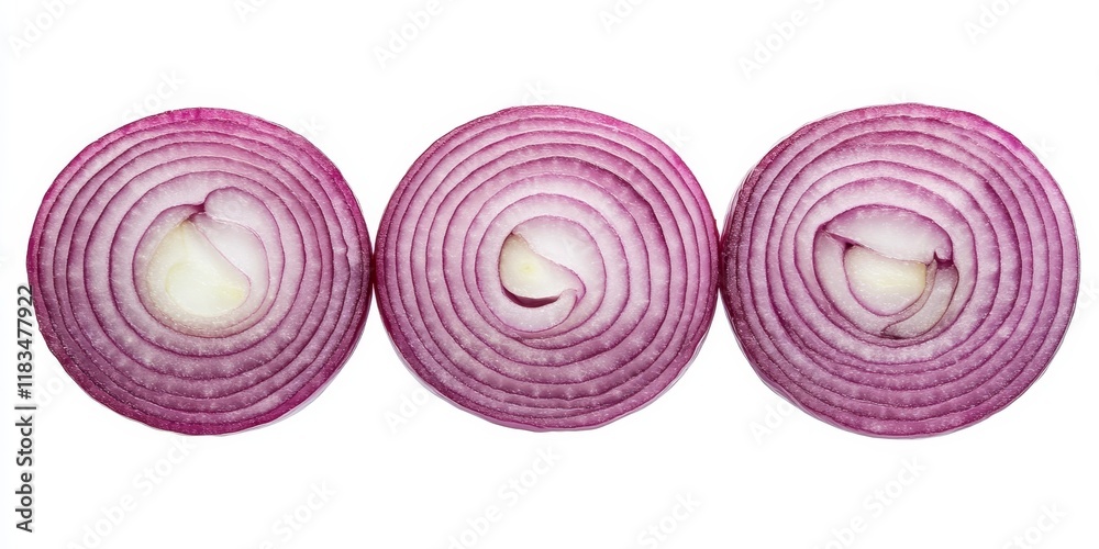 Poster three bulbs of sliced red onion are displayed, isolated on a white background, highlighting the vibr