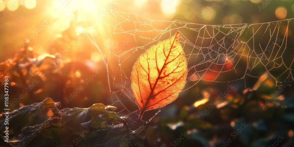 Aufkleber Blurred backlight highlights a leaf against a captivating web, creating an enchanting scene filled with sunset light, showcasing the beauty of nature with soft, ethereal visuals in backlight and leaf.