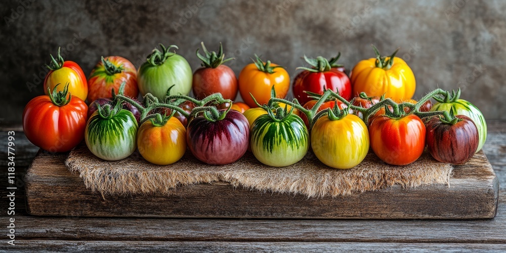 Poster a vertical image showcasing vibrant heirloom tomatoes arranged on a rustic wooden board, highlightin