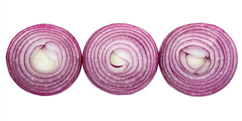 Three bulbs of sliced red onion are displayed, isolated on a white background, highlighting the vibrant color and texture of the red onion. The red onion is perfect for culinary use.