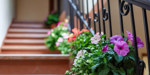 Flowers flourish beautifully along the railing of the stairs, adding vibrant colors and charm. The flowers at the railing create an inviting atmosphere, enhancing the overall appeal of the stairs.