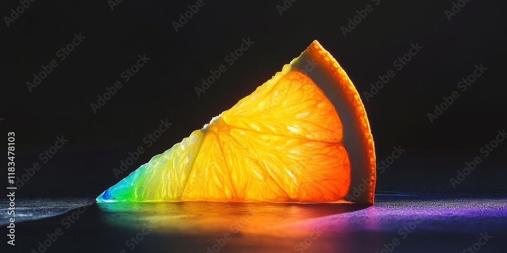 Poster a lively orange wedge adorned with a spectrum of rainbow colors set against a dark black backdrop cr